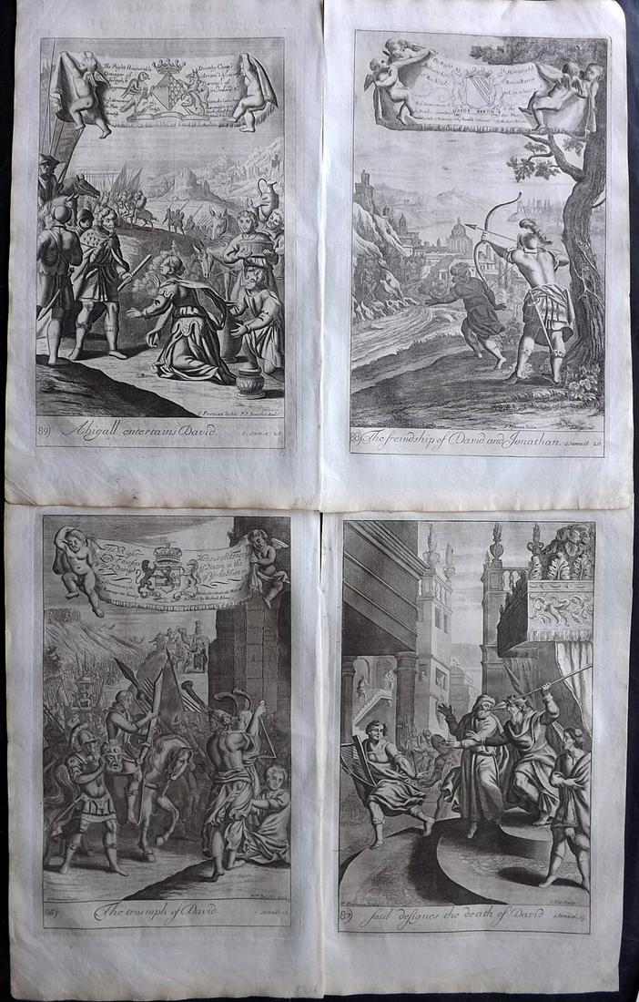 Blome, Richard C1720 Lot of 4 Folio Antique Religious Prints: Folio Copper Plates Published C1720 by M. Cooper, London for "The History of the Holy Bible" by Richard Blome. Some of the best Artist's of the time were commissioned to Engrave the images, including 