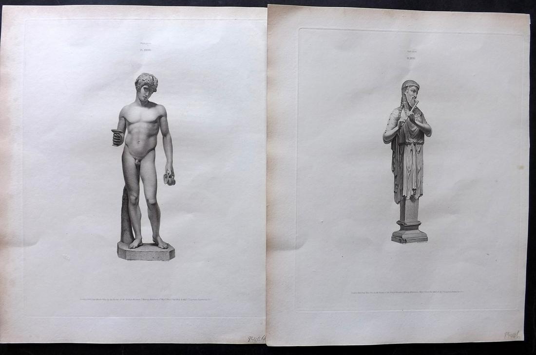 British Museum Ancient Marbles 1815 Pair of Greek Statue Prints: Stipple Engravings Published 1812-61, London for "A Description of the Collection of Ancient Marbles in the British Museum" by the British Museum, Department of Greek and Roman Antiquities. Paper Size