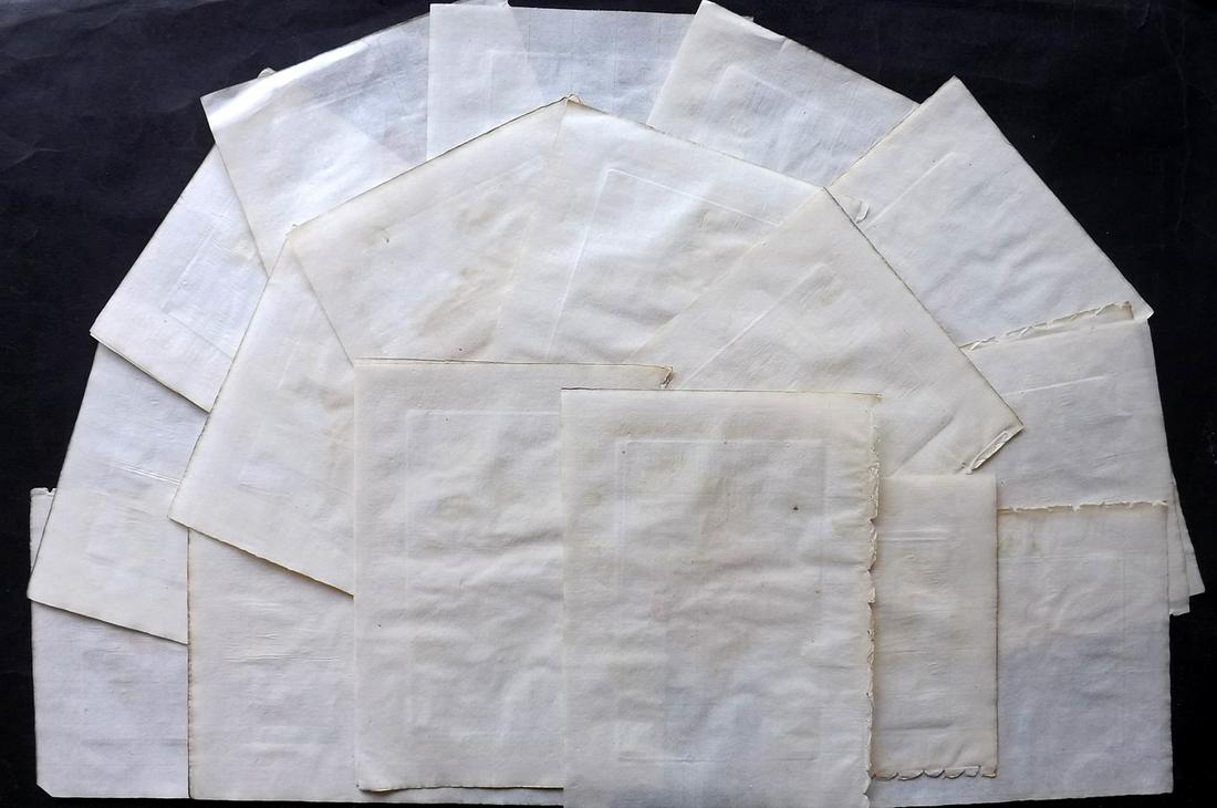 Old Paper, Bookbinding 1788 Lot of 20 Thin Laid Sheets, French, 4to: Lot of Uniform Thin Laid Paper Sheets. Made in Paris 1788. 4to Paper Size: 10.5 x 8 inch (27 x 20cm) Light water staining present in parts. Occasional other small faults. A few sheets with light red o