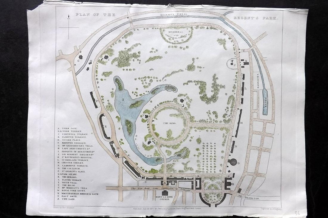 Shepherd, Thomas 1827 Hand Col Map. Regents Park, London (1 of 2)