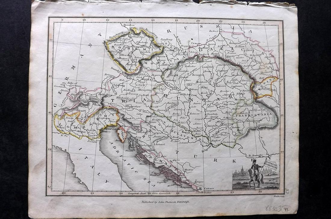 Thomson, John (Pub) 1825 Map. Austria Dominions: Copper Engraved Map Published 1825 by John Thomson, Edinburgh for "The Edinburgh School Atlas" by N. R. Hewitt. Maps Engraved by Hewitt. Original Outline Hand Colour. Rare. Paper Size: 10.5 x 8 inch (