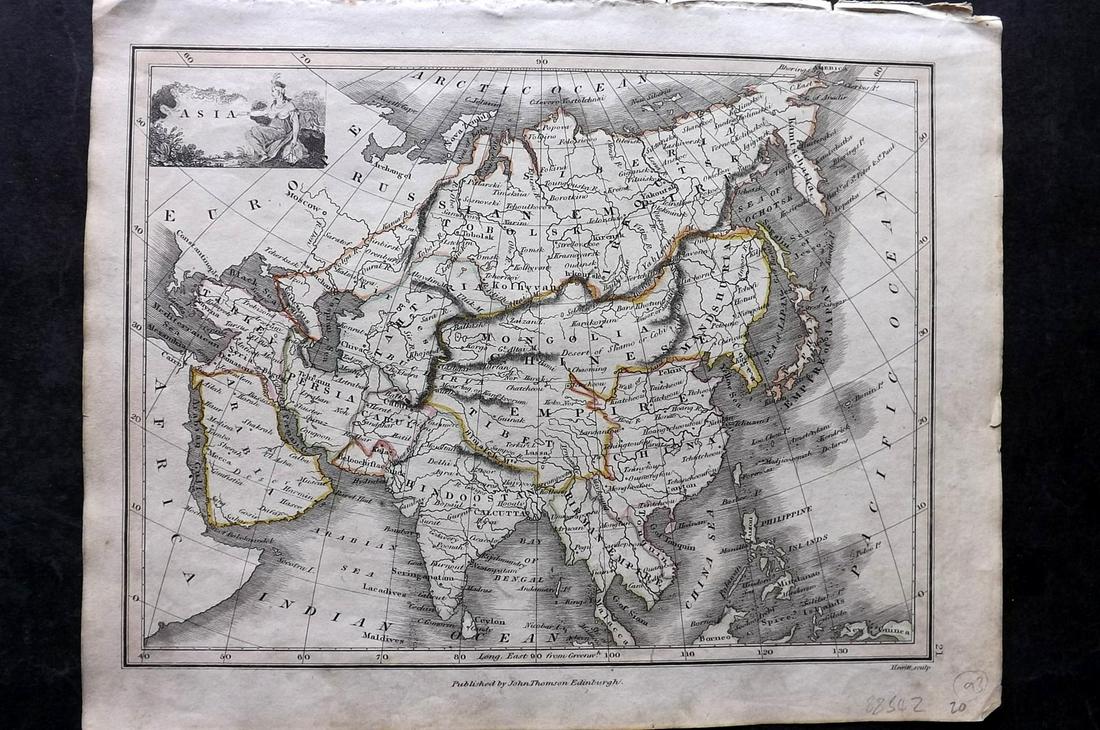 Thomson, John (Pub) 1825 Map. Asia: Copper Engraved Map Published 1825 by John Thomson, Edinburgh for "The Edinburgh School Atlas" by N. R. Hewitt. Maps Engraved by Hewitt. Original Outline Hand Colour. Rare. Paper Size: 10.5 x 8 inch (