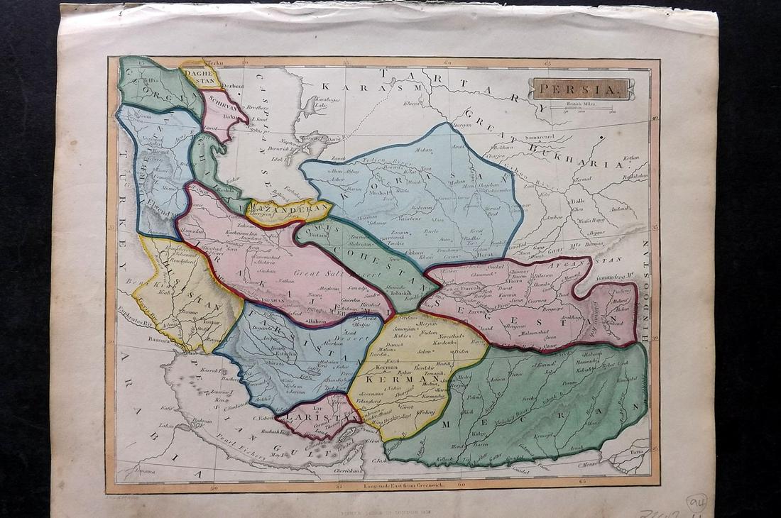 Russell & Barclay 1838 Hand Col Map. Persia Iran: Hand Colored Copper Engraved Map Published 1823-40, by Fisher & Son, "A Complete Atlas of the World" by John Russell et al. A Very Rare Work which is compiled from the same plates used in different ed