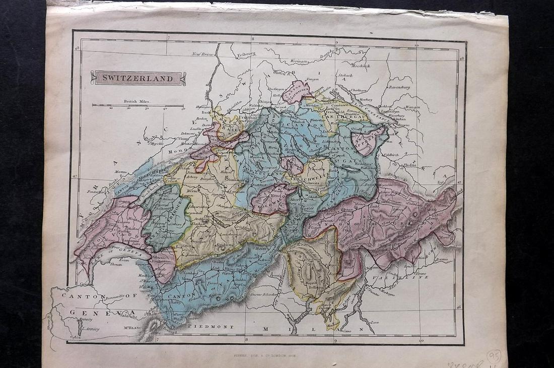 Russell & Barclay 1838 Hand Col Map. Switzerland: Hand Colored Copper Engraved Map Published 1823-40, by Fisher & Son, "A Complete Atlas of the World" by John Russell et al. A Very Rare Work which is compiled from the same plates used in different ed