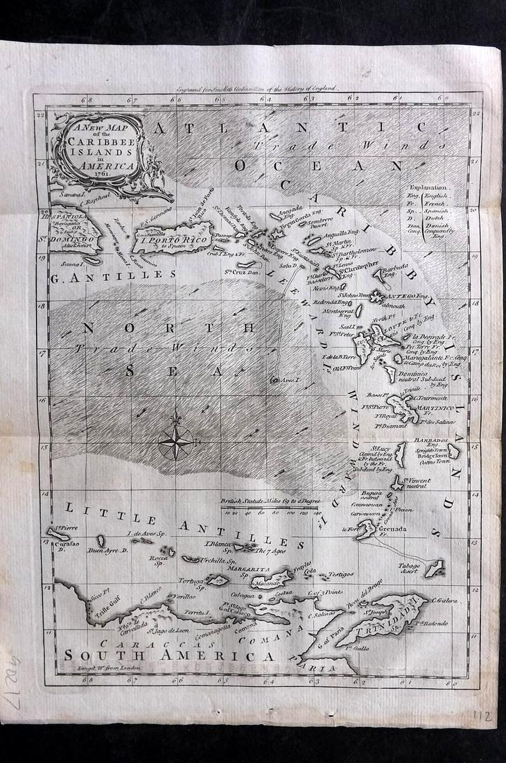 Smollett, Tobias 1761 Map. Caribbee Islands, West Indies Caribbean (1 of 2)