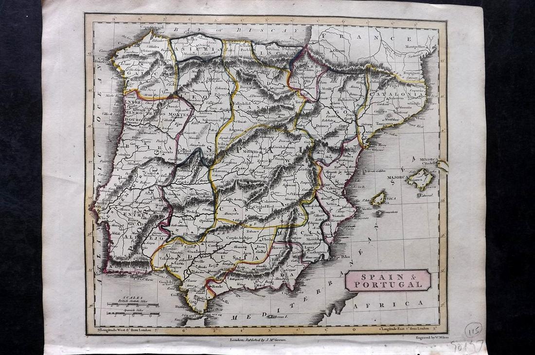 Barclay & Milton C1810 Antique Map. Spain & Portugal: Copper Engraved Map Published C1810, London for "Barclay's Universal Dictionary" by James Barclay. Original outline hand colour. Maps Engraved by W. Milton. Paper Size: 10.5 x 8.5 inch (27 x 22cm) Goo