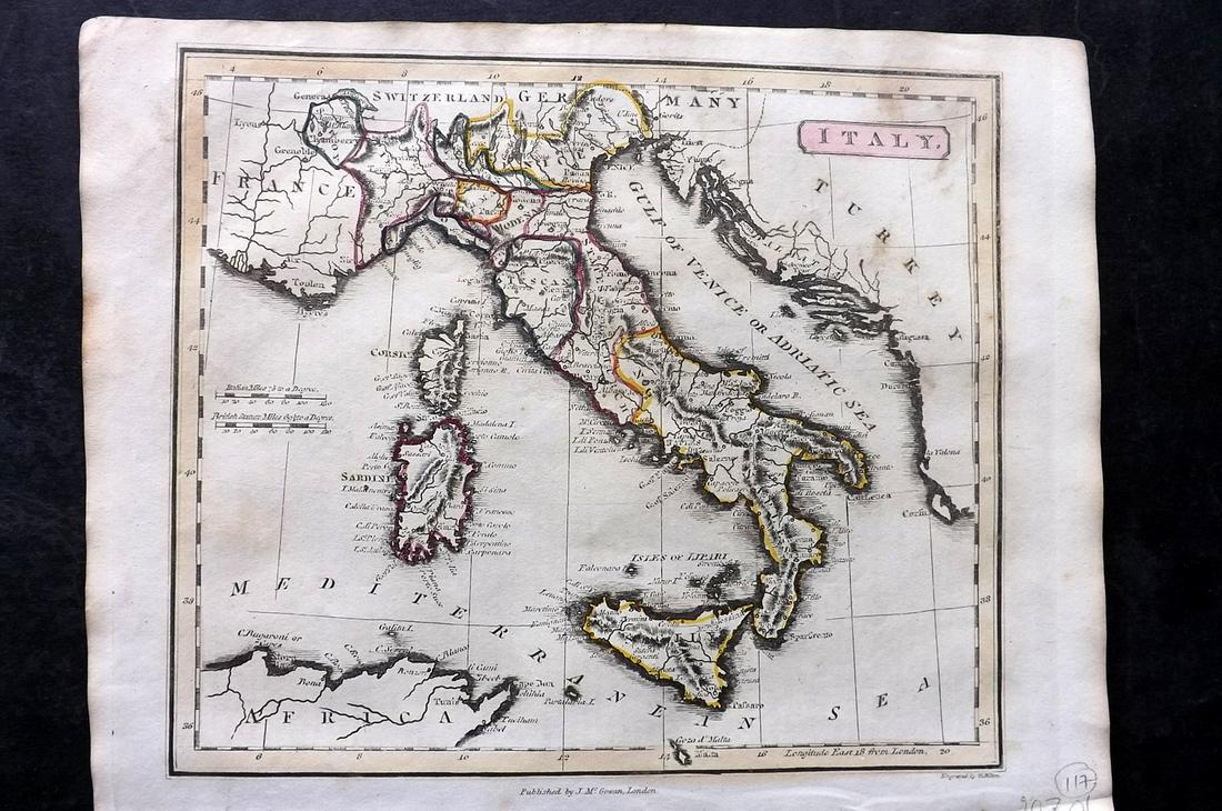 Barclay & Milton C1810 Antique Map. Italy: Copper Engraved Map Published C1810, London for "Barclay's Universal Dictionary" by James Barclay. Original outline hand colour. Maps Engraved by W. Milton. Paper Size: 10.5 x 8.5 inch (27 x 22cm) Ver