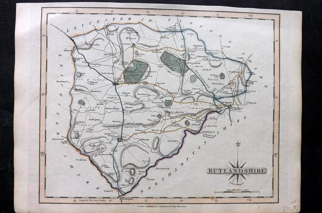 Cary, John 1823 Hand Col Map. Rutlandshire: Hand Colored Copper Engraved Map Published 1823, London for "Cary's New and Correct English Atlas..." by John Cary. Paper Size: 12.5 x 9 inch (32 x 23cm) Good Condition