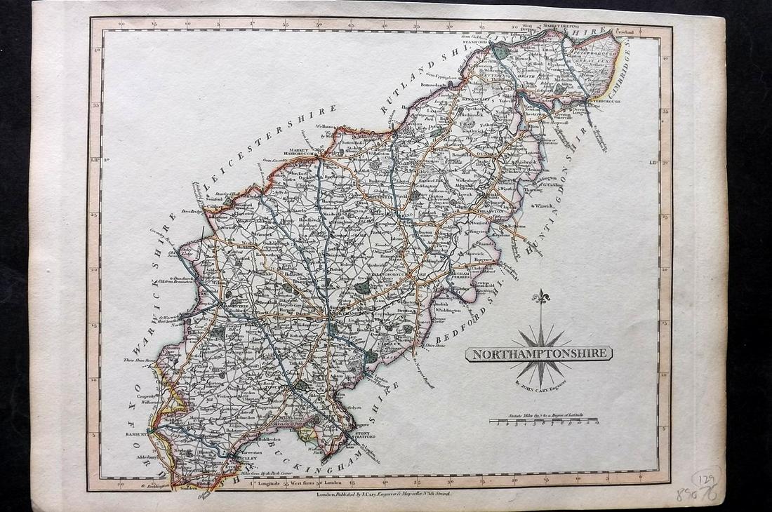 Cary, John 1823 Hand Col Map. Northamptonshire: Hand Colored Copper Engraved Map Published 1823, London for "Cary's New and Correct English Atlas..." by John Cary. Paper Size: 12.5 x 9 inch (32 x 23cm) Good Condition