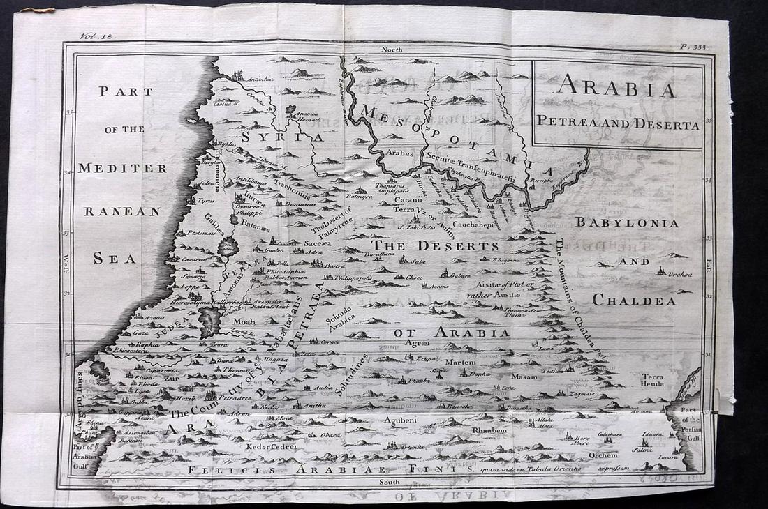 Sale & Psalmanazar C1750 Map. Arabia Petraea and Deserta: Copper Plate Published 1747-68, London for "An Universal history, from the earliest account of time..." by George Sale, George Psalmanazar et al. Paper Size: 13 x 8.5 inch (33 x 22cm) Some text offset