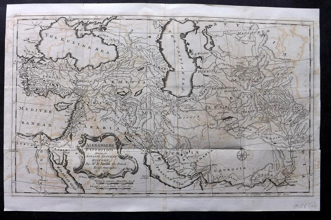 Rollin & d'Anville 1780 Map. Alexander's Expedition: Copper Engraved Map Published 1780, London for "The Ancient History..." by Charles Rollin.Folds as issued. Paper Size: 17.5 x 11.5 inch (43 x 29cm) Heavy toning/offsetting present.