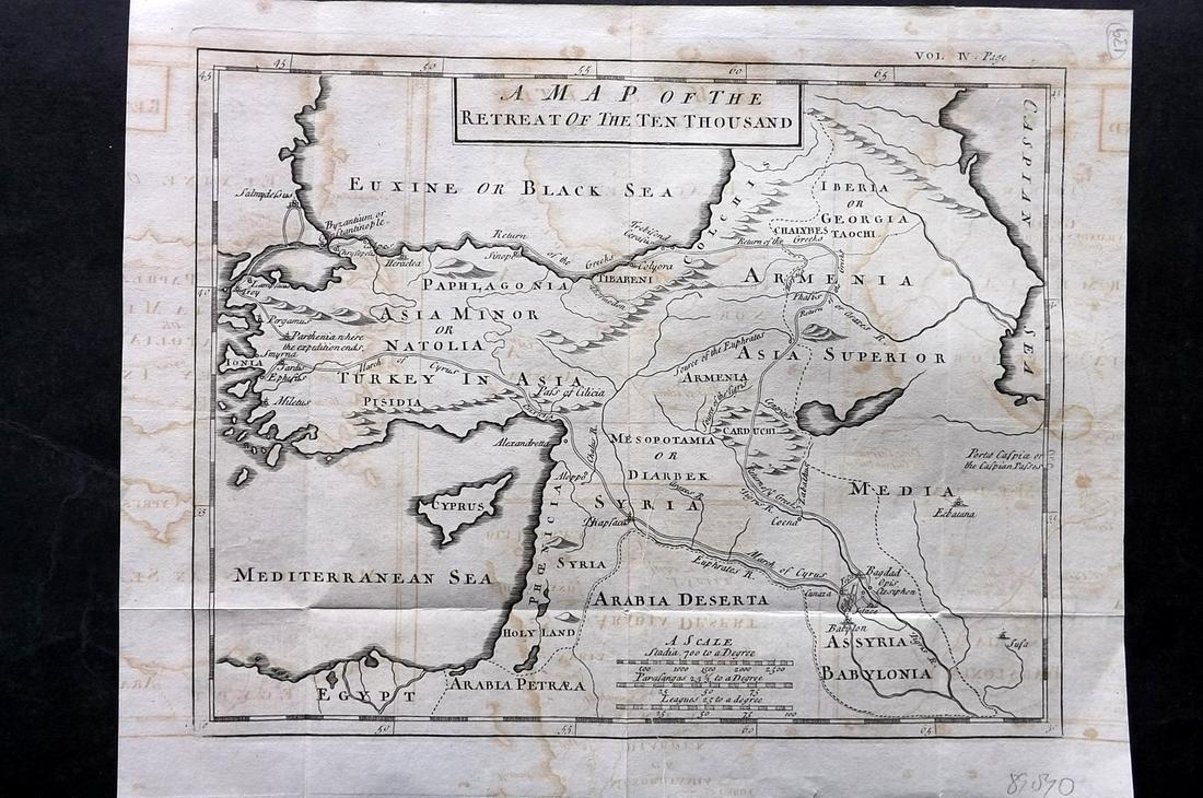 Rollin & d'Anville 1780 Map of the Retreat of the Ten Thousand: Copper Engraved Map Published 1780, London for "The Ancient History..." by Charles Rollin.Folds as issued. Paper Size: 13 x 10.5 inch (33 x 27cm) Heavy toning/offsetting present.