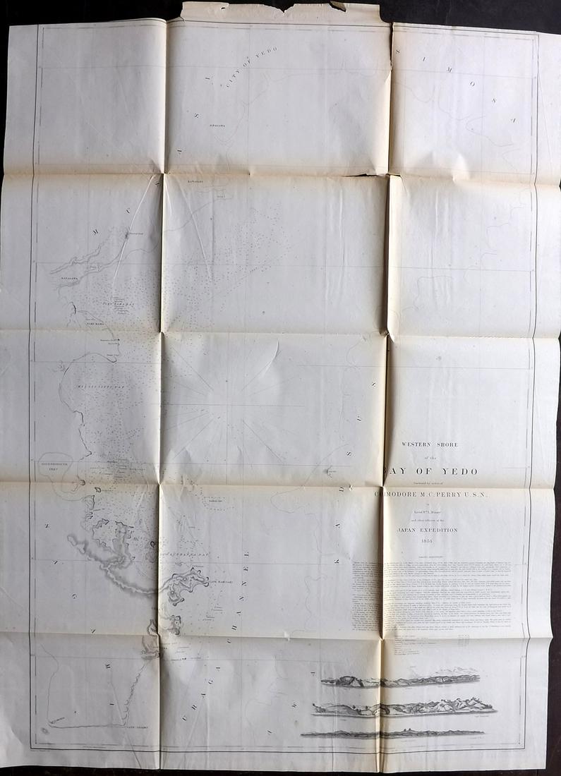 Perry, Commodore 1856 Large Map. Bay of Yedo, Tokyo, Japan: "Western Shore of the Bay of Yedo" Large Folio Lithograph Map Published 1856, Washington for "Narrative of the Expedition of an American Squadron to the China Seas and Japan, performed in the years 18