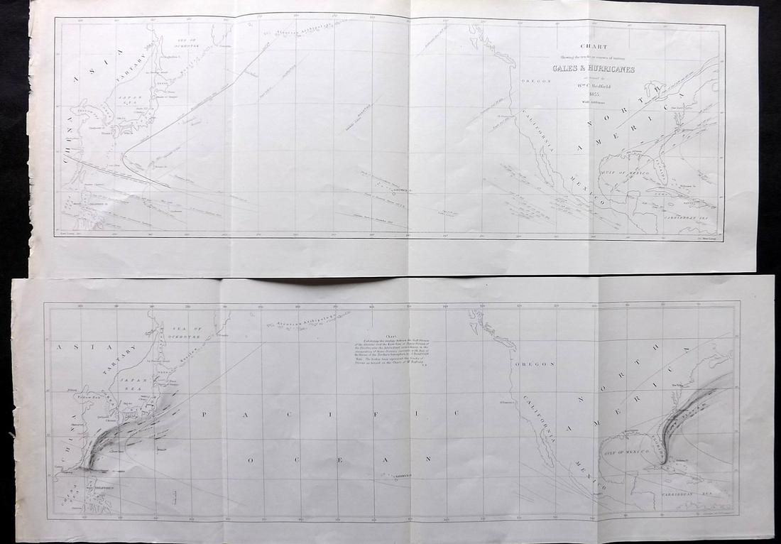 Perry, Commodore 1856 Pair of Maps. Gales, Hurricanes & Gulf Stream. Pacific (1 of 2)