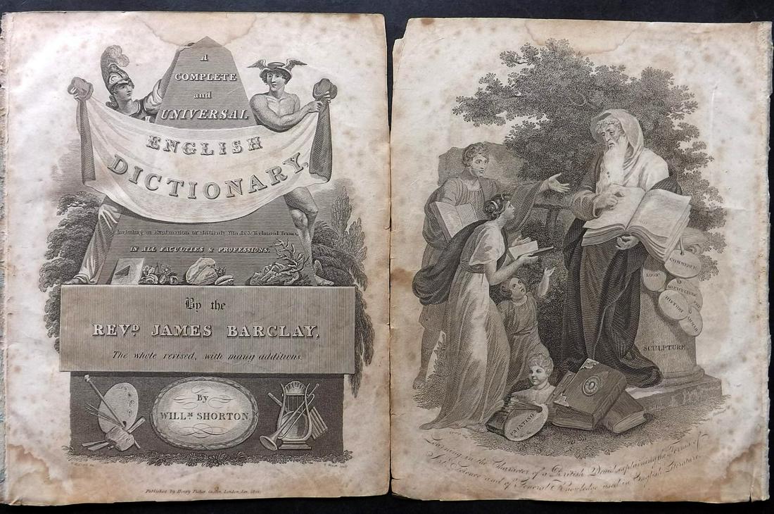 Barclay, James C1825 Pair of Prints. Engraved Title & Classical Frontis.: Copper Plates Published C1825., by Fisher & Son, for "A Complete and Universal English Dictionary" by James Barclay. Paper Size: 10.5 x 8 inch (27 x 21cm) Heavy toning present