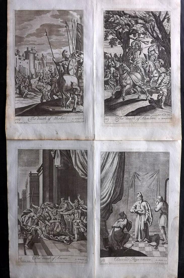 Blome, Richard C1720 Lot of 4 Folio Antique Religious Prints: Folio Copper Plates Published C1720 by M. Cooper, London for "The History of the Holy Bible" by Richard Blome. Some of the best Artist's of the time were commissioned to Engrave the images, including 