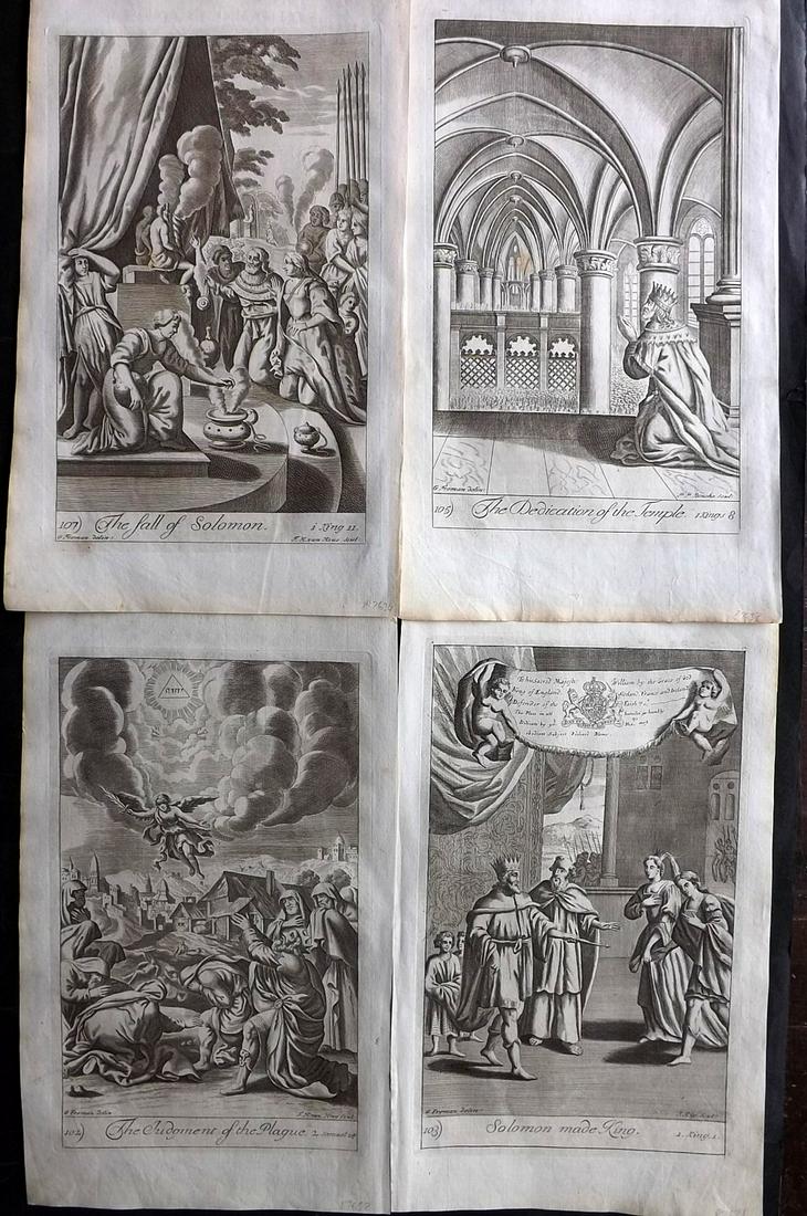Blome, Richard C1720 Lot of 4 Folio Antique Religious Prints: Folio Copper Plates Published C1720 by M. Cooper, London for "The History of the Holy Bible" by Richard Blome. Some of the best Artist's of the time were commissioned to Engrave the images, including 