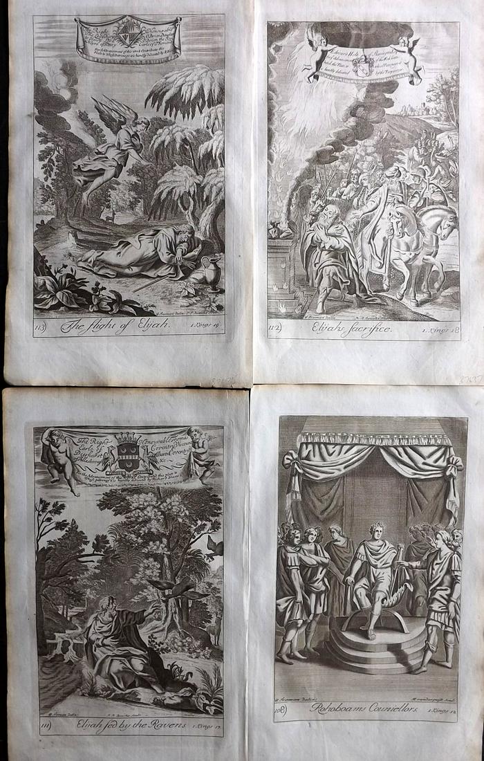 Blome, Richard C1720 Lot of 4 Folio Antique Religious Prints: Folio Copper Plates Published C1720 by M. Cooper, London for "The History of the Holy Bible" by Richard Blome. Some of the best Artist's of the time were commissioned to Engrave the images, including 