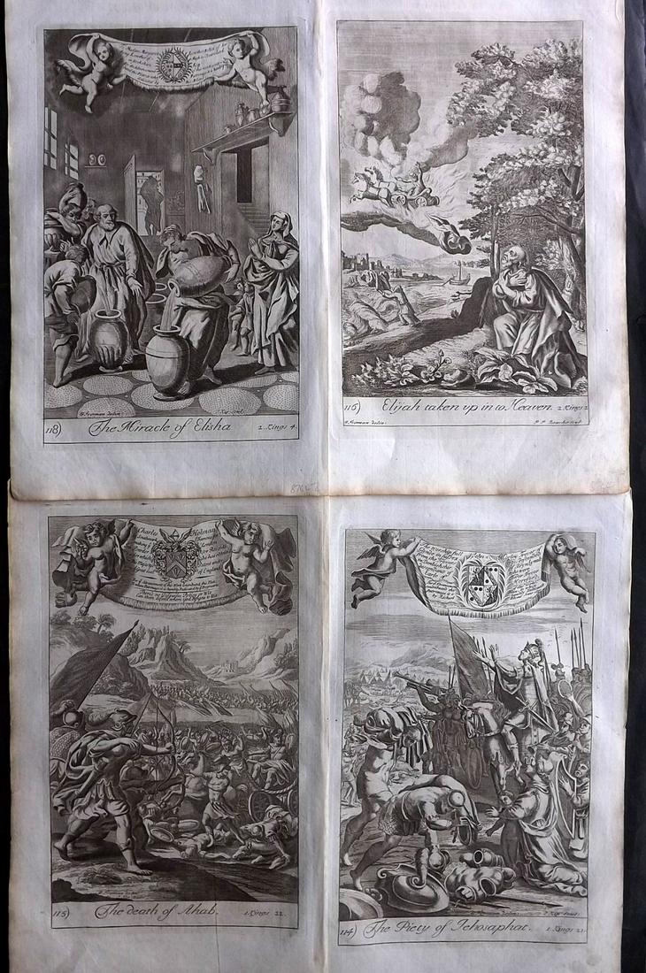 Blome, Richard C1720 Lot of 4 Folio Antique Religious Prints: Folio Copper Plates Published C1720 by M. Cooper, London for "The History of the Holy Bible" by Richard Blome. Some of the best Artist's of the time were commissioned to Engrave the images, including 