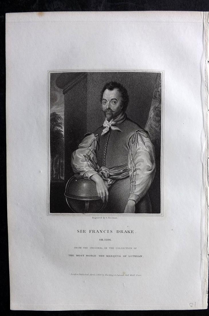Lodge, Edmund C1830 Antique Portrait Print. Francis Drake with Globe (1 of 2)