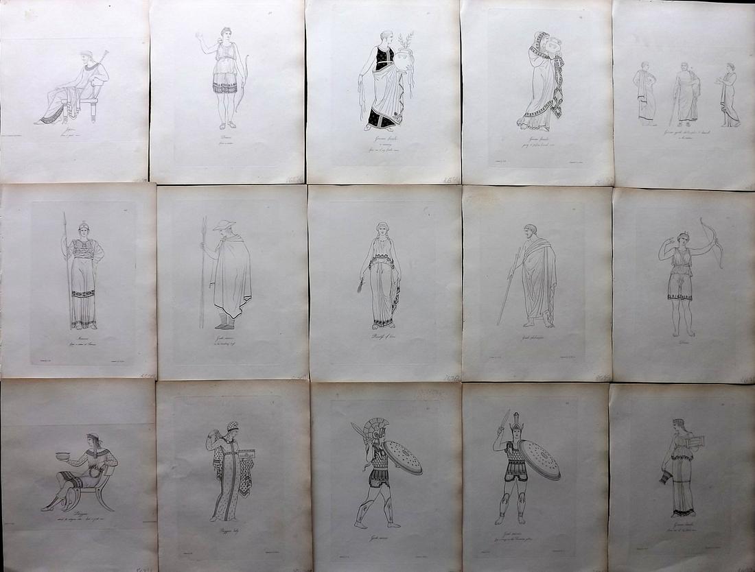 Hope, Thomas 1809 Lot of 15 Ancient Costume Prints. Deluxe Edition: Etching Published 1809, London for "Costume of the Ancients" by Thomas Hope. Deluxe Large Paper Edition. Paper Size: 11 x 9 inch (28 x 23cm) Very minor margin toning. Good Condition