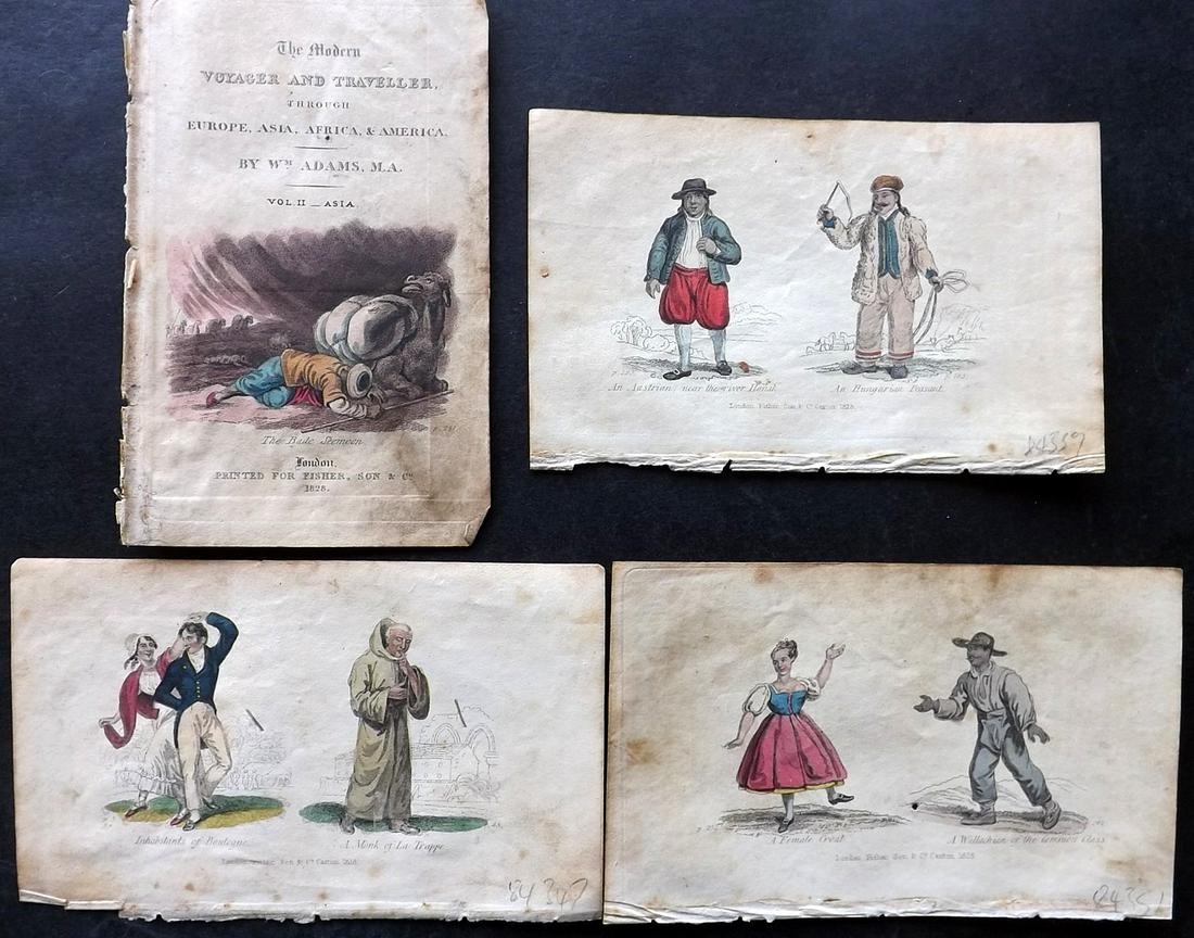Adams, William 1828 Lot of 4 Hand Col Costume Prints: Incl France, Romania, Austria/Hungary and The Illust Title Page. Hand Colored Etching & Black and White Wood Engraving (Reverse sides blank) Published 1828, London for "The Modern Voyager & Traveller"