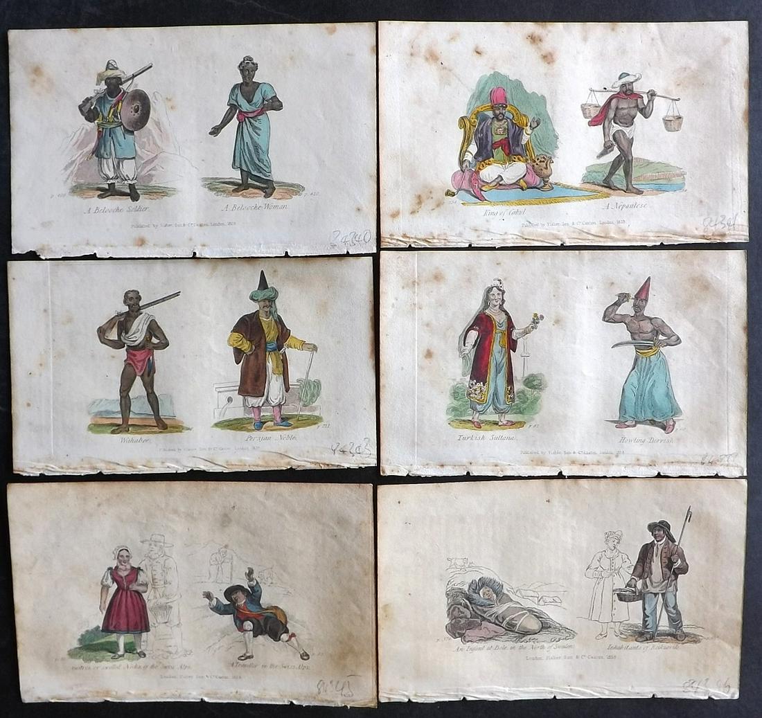 Adams, William 1828 Lot of 6 Hand Col Costume Prints: Incl Turkey, Afghanistan/Nepal, Belochistan, Persia, Switzerland, and Sweden/Iceland. Hand Colored Etching & Black and White Wood Engraving (Reverse sides blank) Published 1828, London for "The Modern