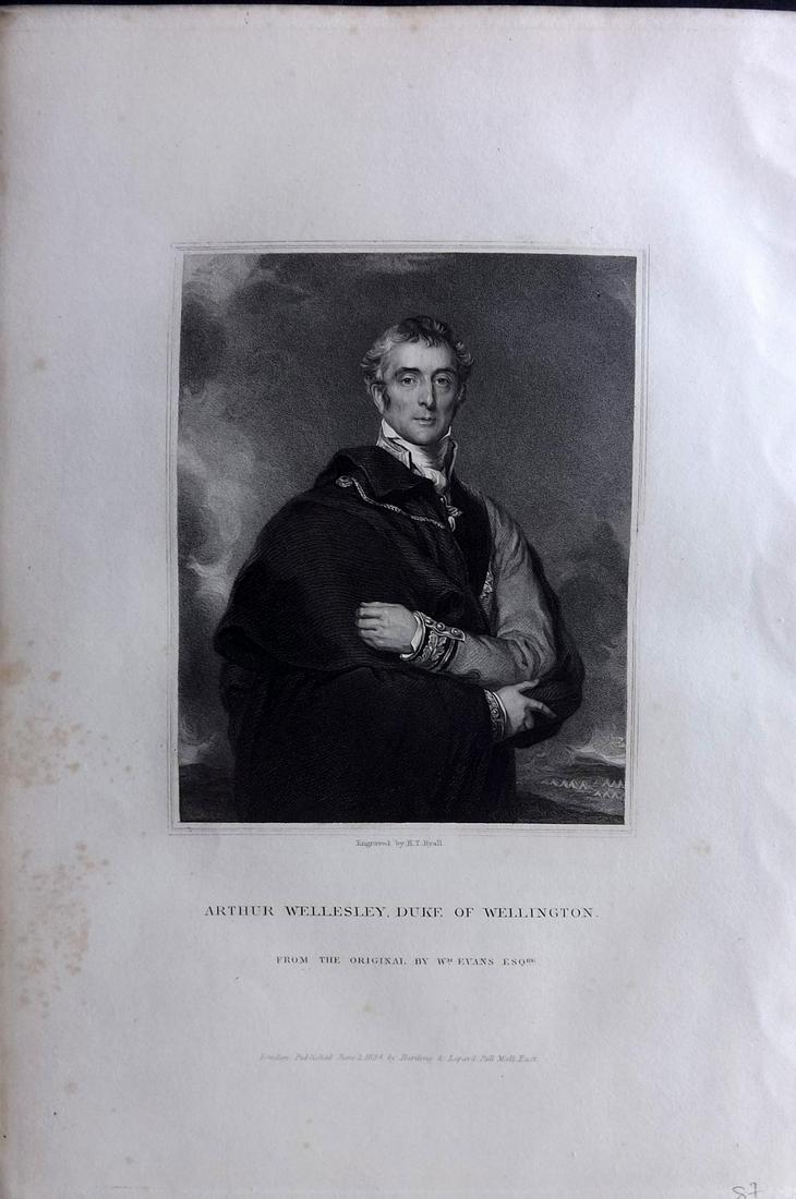 Lodge, Edmund C1830 Antique Portrait Print. Duke of Wellington: Steel Engraving Published 1823-36, London for "Portraits of Illustrious Personages of Great Britain" by Edmund Lodge. Paper Size: 10.5 x 7 inch (27 x 18cm) Minor margin toning. Good Condition overall