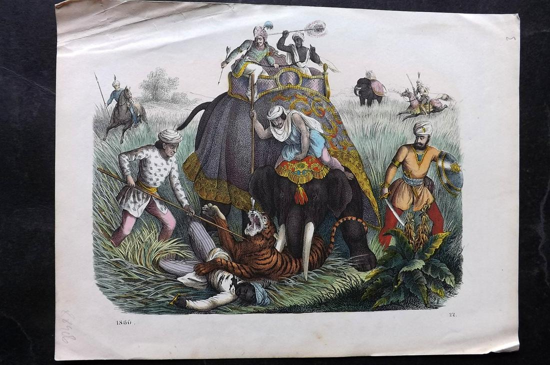 Hoffmann, Carl 1860 Hand Col Print. Tiger Hunt, India 22 (1 of 2)