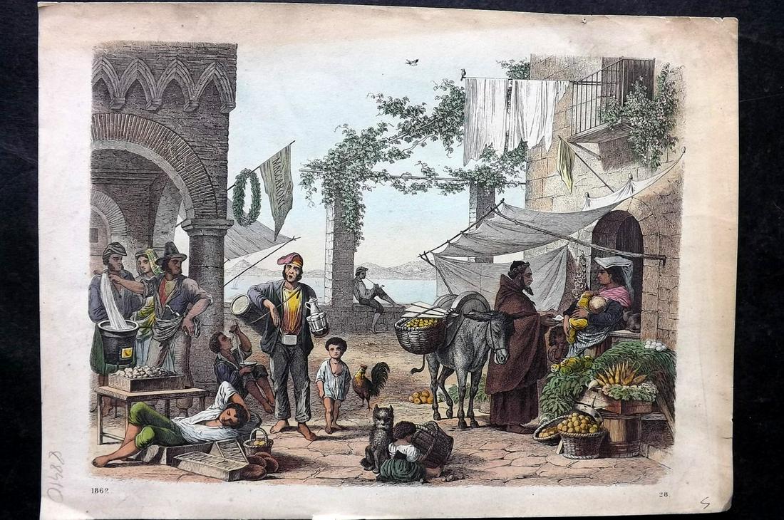 Hoffmann, Carl 1862 Hand Col Print. Naples Market Scene, Italy 28 (1 of 2)