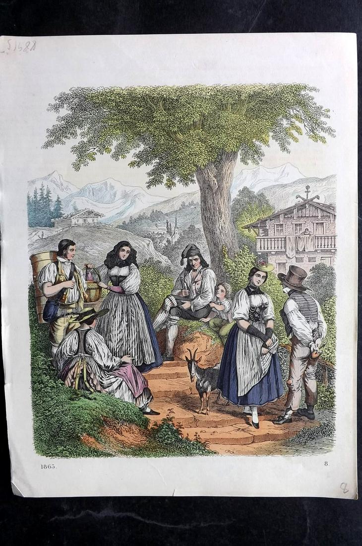 Hoffmann, Carl 1863 Hand Col Print. Swiss Villagers, Berner Oberland, Switzerland 08: Hand Colored Lithograph Published 1842-80, Stuttgart for "Das Buch der Welt" by Carl Hoffmann. Paper Size: 9.5 x 7 inch (25 x 18cm) Approx. Good Condition overall
