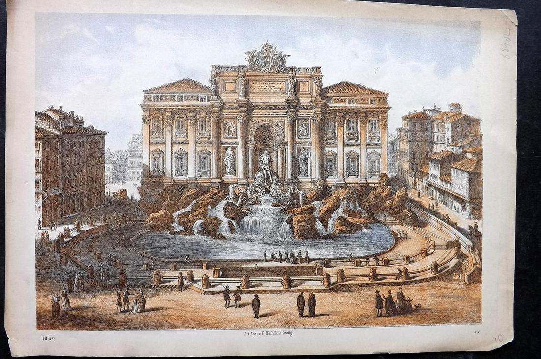 Hoffmann, Carl 1869 Hand Col Print. Trevi Fountain, Rome, Italy 43: Hand Colored Lithograph Published 1842-80, Stuttgart for "Das Buch der Welt" by Carl Hoffmann. Paper Size: 9.5 x 7 inch (25 x 18cm) Approx. Good Condition overall