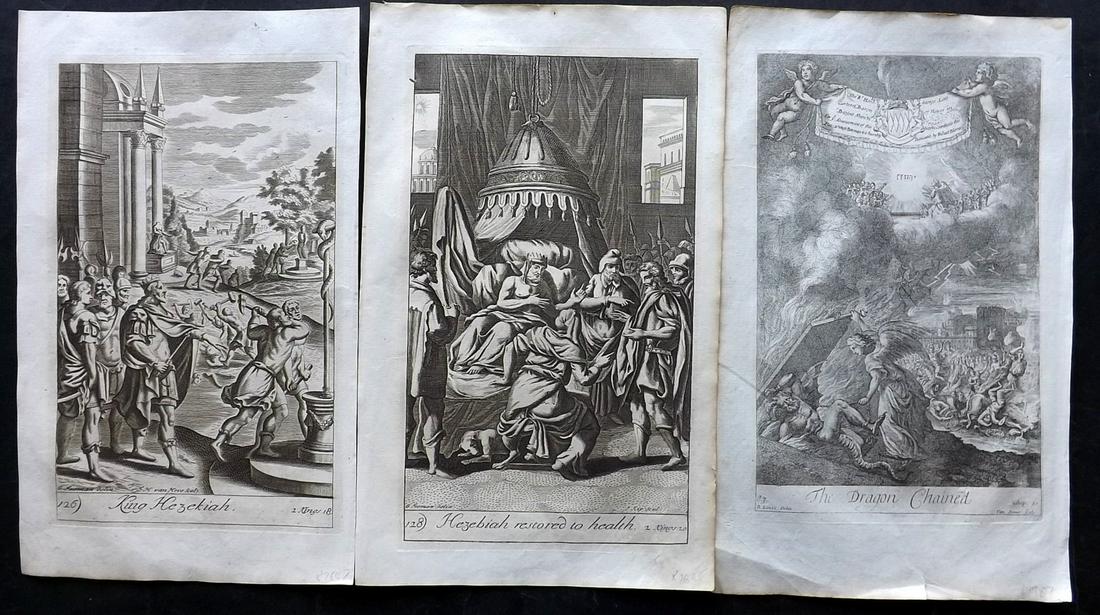 Blome, Richard C1720 Lot of 3 Folio Antique Religious Prints: Folio Copper Plates Published C1720 by M. Cooper, London for "The History of the Holy Bible" by Richard Blome. Some of the best Artist's of the time were commissioned to Engrave the images, including 