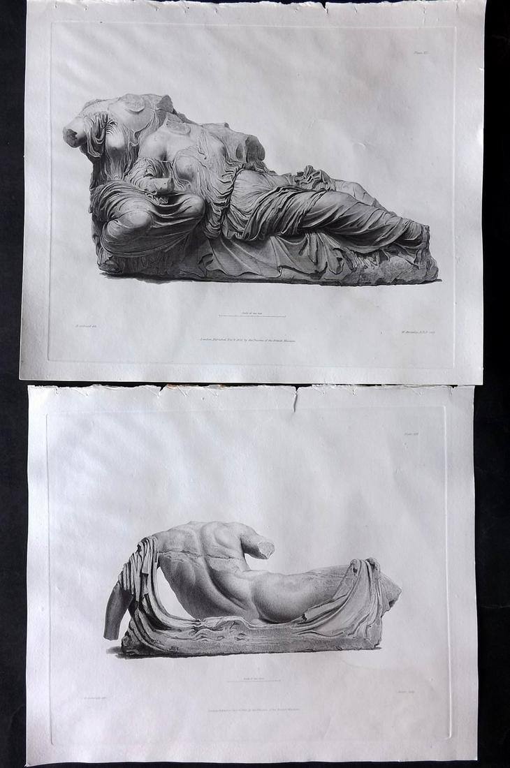 British Museum Ancient Marbles 1828 Pair of Greek Statue Prints (1 of 2)
