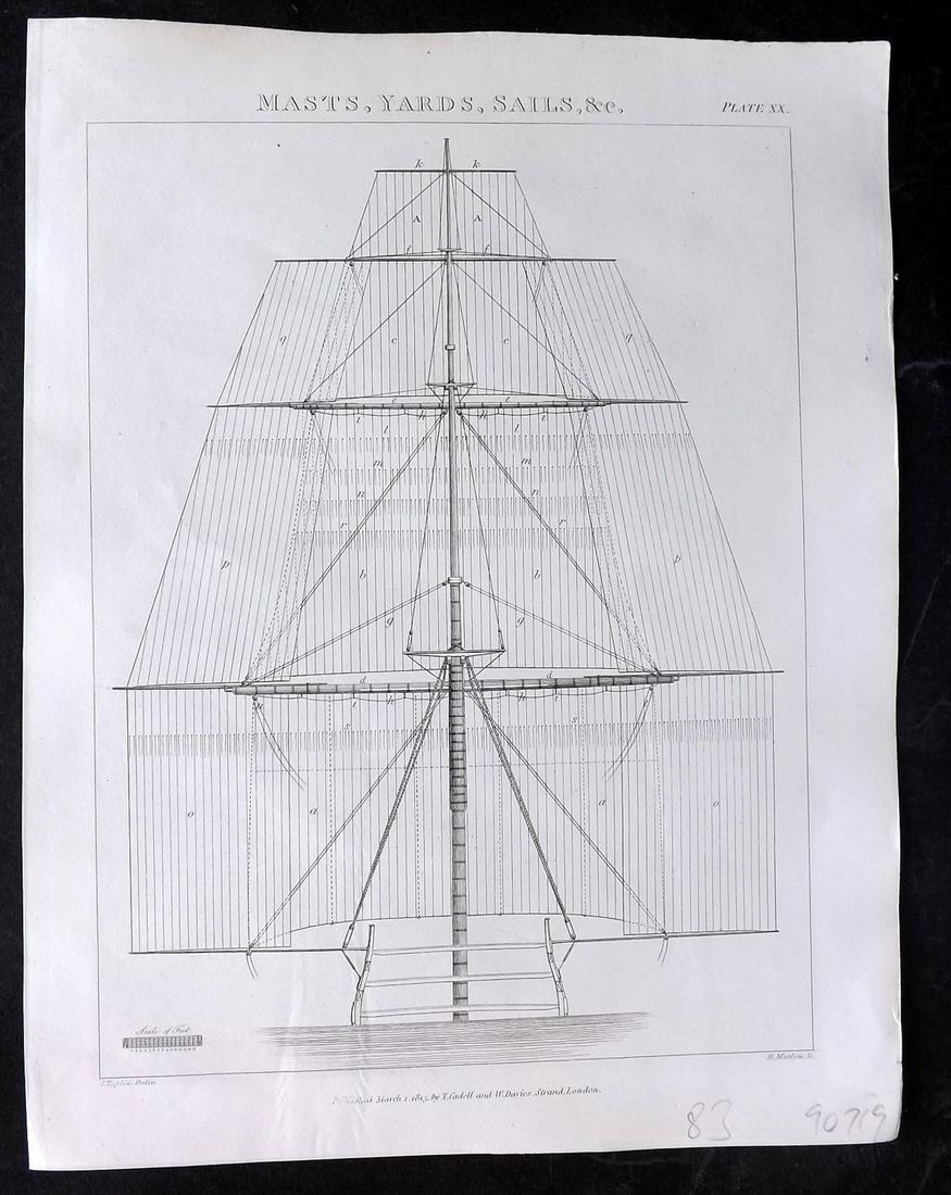 Falconer & Burney 1815 Ship Print. Masts, Yards, Sails &c: Copper Plate Published 1815, London for "A New Universal Dictionary of the Marine..." by William Falconer and William Burney. Paper Size: 11 x 8.5 inch (28 x 22cm) Good Condition