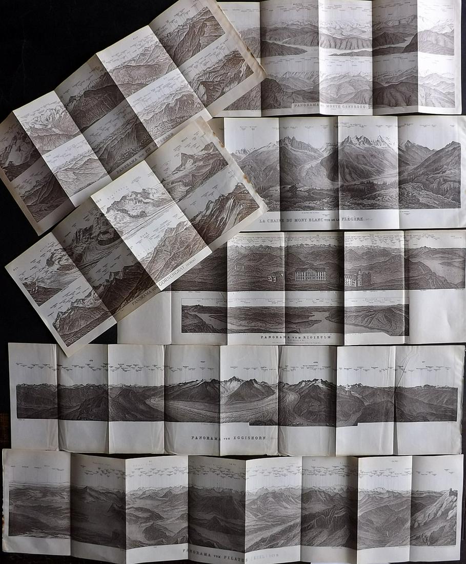 Baedeker, Karl 1920 Lot of 7 Panoramic Views of the Swiss Alps, Switzerland: Incl Pilatus, Generoso, Eggishorn, Languard, Gornergrat, Mont Blanc/Flegere, and Rigikulm.Lithographs Published 1920, Leipzig for "Die Schweiz nebst Chamonix, Luganer, Langen- Und Comer See." by Karl 