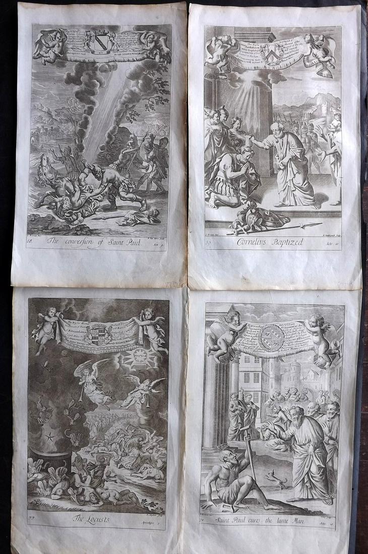Blome, Richard C1720 Lot of 4 Folio Antique Religious Prints: Folio Copper Plates Published C1720 by M. Cooper, London for "The History of the Holy Bible" by Richard Blome. Some of the best Artist's of the time were commissioned to Engrave the images, including 