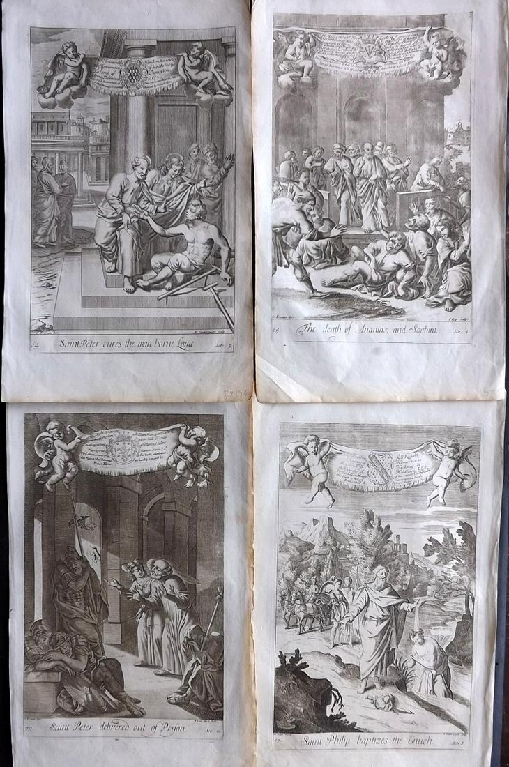 Blome, Richard C1720 Lot of 4 Folio Antique Religious Prints: Folio Copper Plates Published C1720 by M. Cooper, London for "The History of the Holy Bible" by Richard Blome. Some of the best Artist's of the time were commissioned to Engrave the images, including 