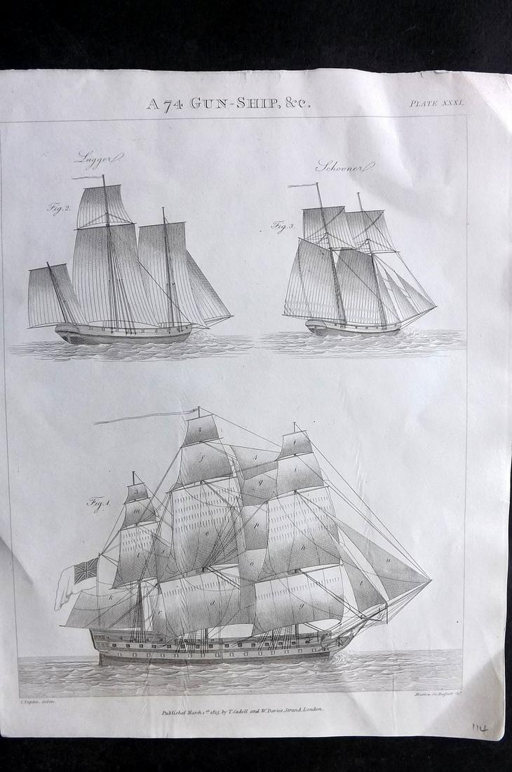 Falconer & Burney 1815 Ship Print. A 74 Gun-Ship: Copper Plate Published 1815, London for "A New Universal Dictionary of the Marine..." by William Falconer and William Burney. Paper Size: 11 x 8.5 inch (28 x 22cm) Tiny right margin tear. Good Conditi