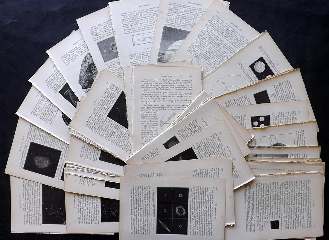 Guillemin, Amedee 1883 Lot of 65 Illus. Sheets. Astronomy Celestial: 50 Sheets, printed both sides, each containing one or more Wood Engravings Published 1883, London for "The Heavens An Illustrated Handbook of Popular Astronomy" by Amedee Guillemin. Paper Size: 8.5 x 