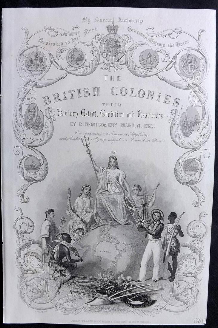 Tallis, John (Pub) 1854 Antique Print. Illus. Title Britannia & Globe: Steel Engraving Published 1854-55 by John Tallis, London for "The British Colonies; Their History, Extent, Condition and Resources" by Robert Montgomery Martin. Paper Size: 11 x 7 inch (28 x 18cm) Goo