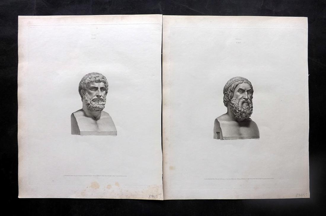British Museum Ancient Marbles 1815 Pair of Greek Statue Prints: Stipple Engravings Published 1812-61, London for "A Description of the Collection of Ancient Marbles in the British Museum" by the British Museum, Department of Greek and Roman Antiquities. Paper Size