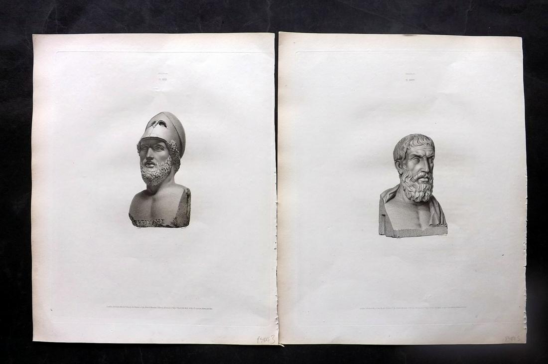 British Museum Ancient Marbles 1815 Pair of Greek Statue Prints: Stipple Engravings Published 1812-61, London for "A Description of the Collection of Ancient Marbles in the British Museum" by the British Museum, Department of Greek and Roman Antiquities. Paper Size