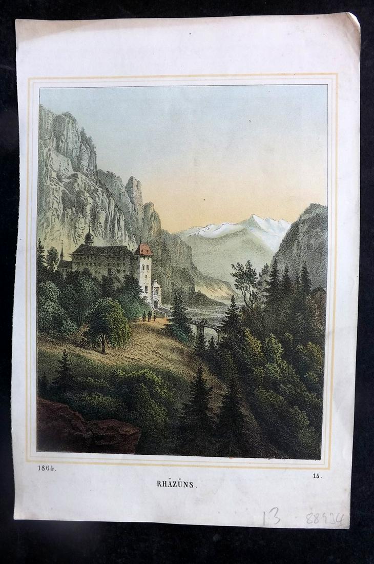 Hoffmann, Carl 1864 Hand Col Print. Rhazuns, Switzerland 15: Hand Colored Lithograph Published 1842-80, Stuttgart for "Das Buch der Welt" by Carl Hoffmann. Paper Size: 9.5 x 7 inch (25 x 18cm) Approx. Good Condition overall