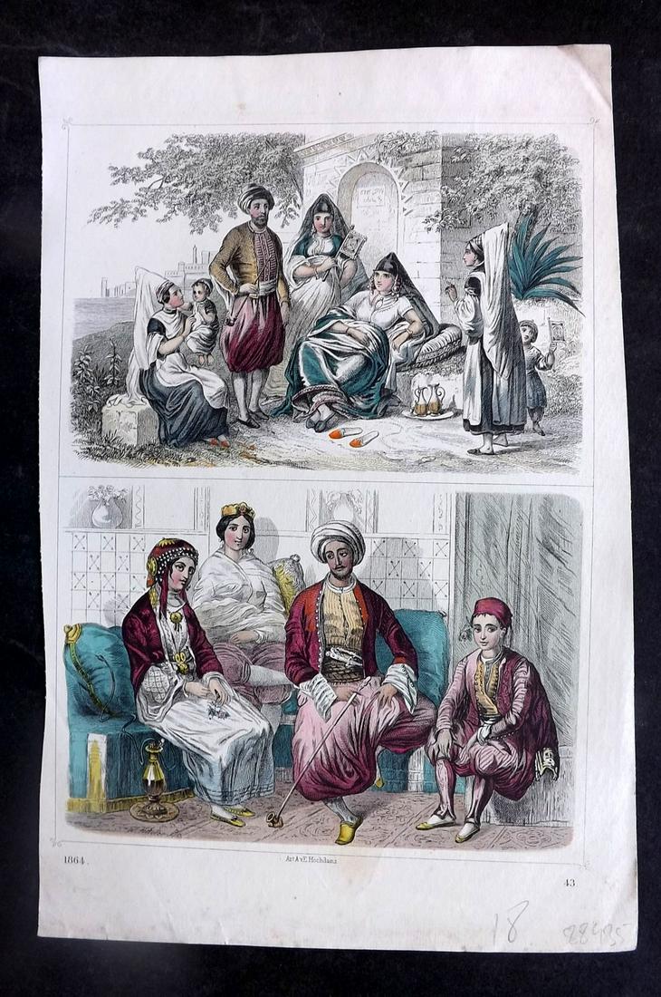 Hoffmann, Carl 1864 Hand Col Print. Tunis Native Costume, Tunisia 43: Hand Colored Lithograph Published 1842-80, Stuttgart for "Das Buch der Welt" by Carl Hoffmann. Paper Size: 9.5 x 7 inch (25 x 18cm) Approx. Good Condition overall