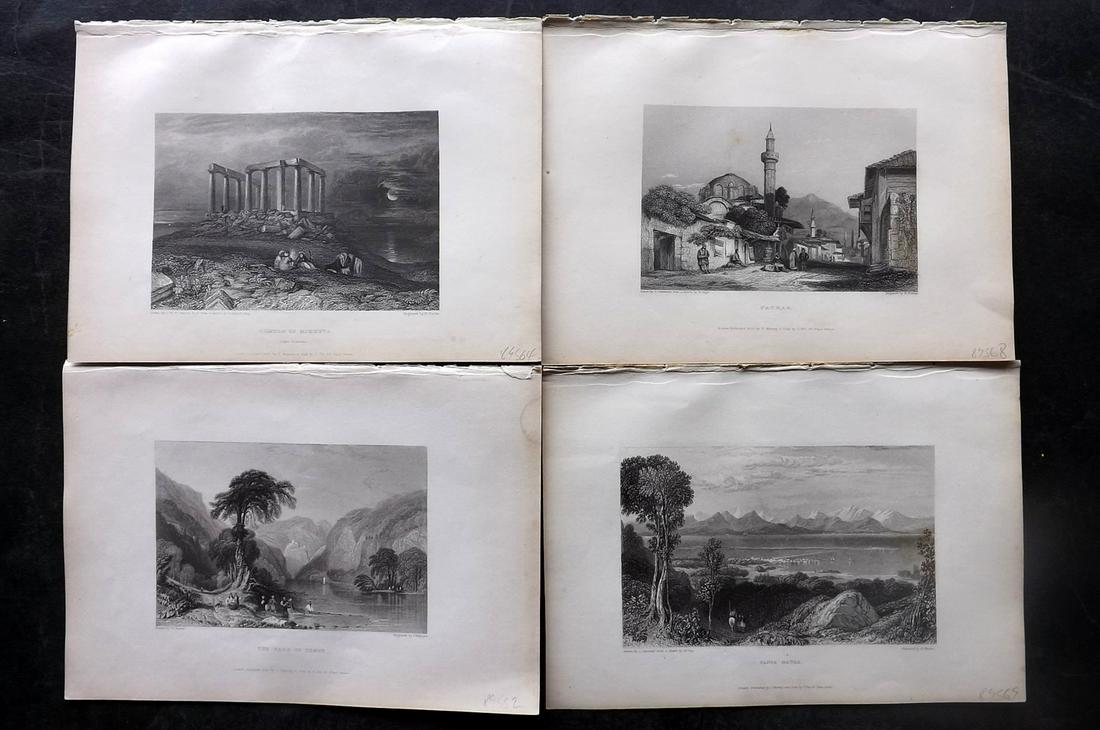 Finden & Byron 1833 Lot of 4 Steel Engraved Views. Greece: Steel Engravings Published 1833, London for "Letters and Journals of Lord Byron: with Notices of His Life" by Thomas Moore. Illustrated by Turner, Stanfield et al. Engraved by the Finden Brothers. Pap