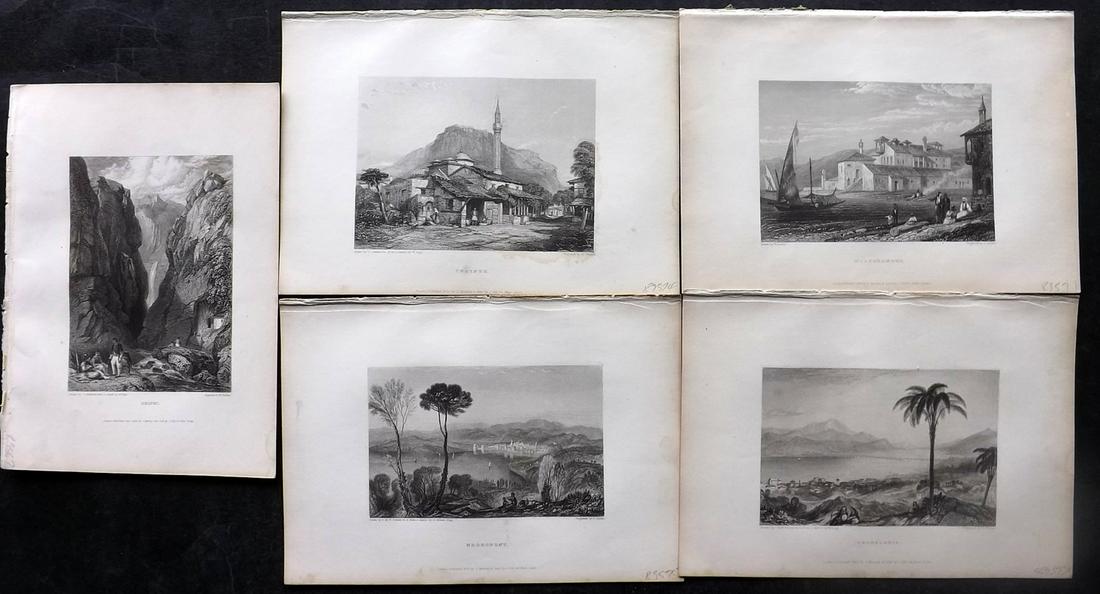 Finden & Byron 1833 Lot of 5 Steel Engraved Views. Greece: Steel Engravings Published 1833, London for "Letters and Journals of Lord Byron: with Notices of His Life" by Thomas Moore. Illustrated by Turner, Stanfield et al. Engraved by the Finden Brothers. Pap