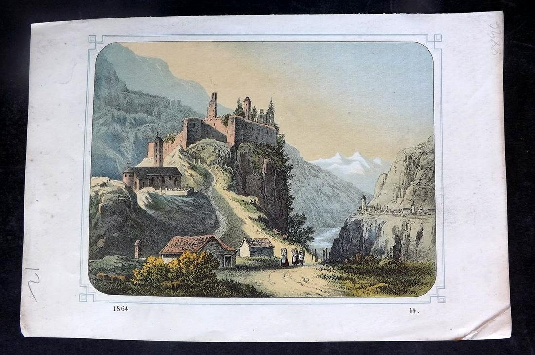 Hoffmann, Carl 1864 Hand Col Print. Mesocco Castle, Switzerland 44: Hand Colored Lithograph Published 1842-80, Stuttgart for "Das Buch der Welt" by Carl Hoffmann. Paper Size: 9.5 x 7 inch (25 x 18cm) Approx. Good Condition overall