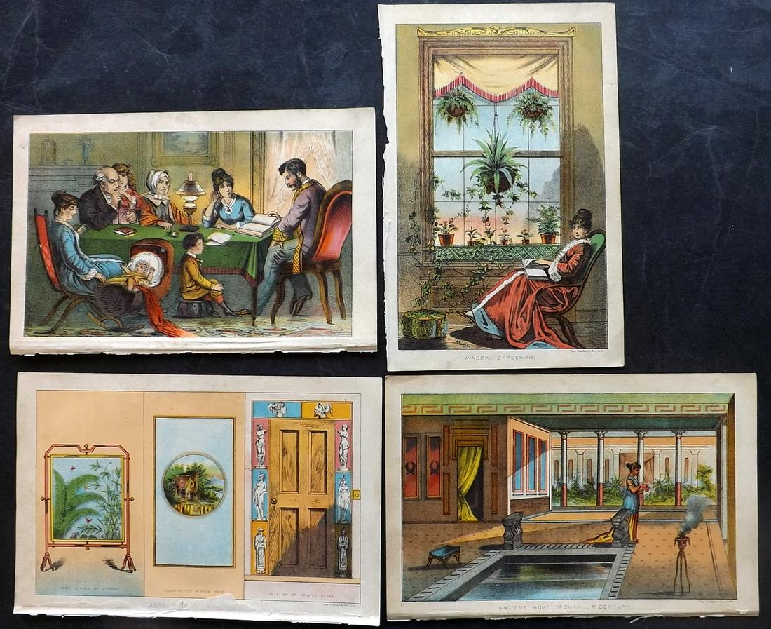 Wright, Julia C1880 Lot of 4 Interiors Prints: Chromolithographs Published C1880, Philadelphia for "The Complete Home" by Julia McNair Wright. Paper Size: 8.5 x 5.5 inch (22 x 14cm) Good Condition