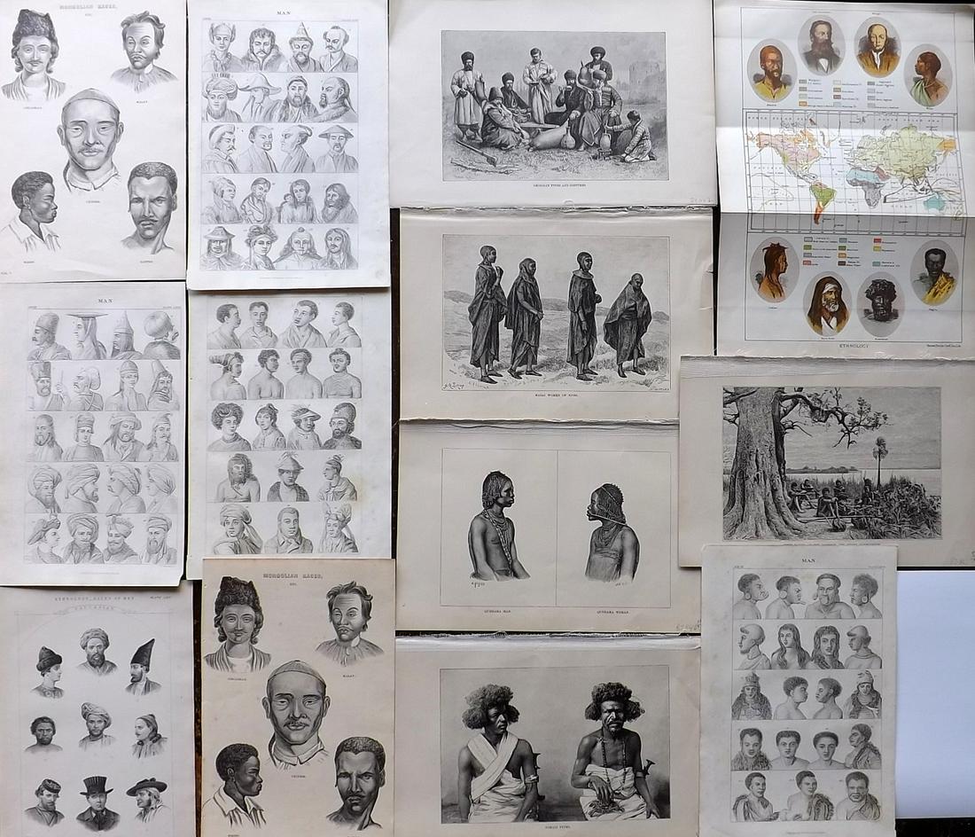 Ethnic C1860-1890's Lot of 13 Antique Prints: Steel Engravings, Wood Engravings and Lithographs (All with plain backs) Examples by Goldsmith, Reclus, Blackie, National Encyclopedia and Cassell. Paper Size: Up to 12 x 9 inch (30 x 23cm) Good Condi